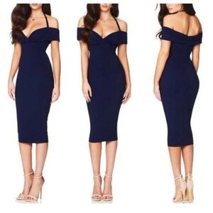 NOOKIE ATHENA HALTER OFF SHOULDER MIDI DRESS NAVY, S